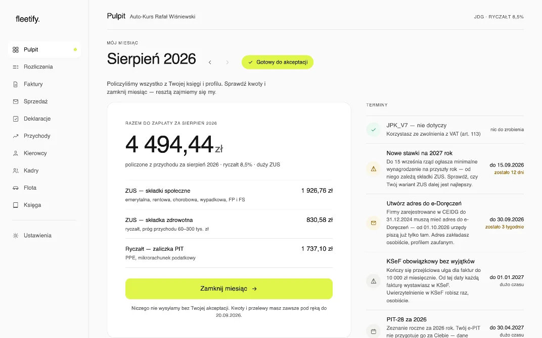 Pulpit panelu: miesiąc „Sierpień 2026”, chip „Gotowy do akceptacji”, kwota 4 494,44 zł rozbita na składki społeczne, składkę zdrowotną i zaliczkę PIT, obok lista terminów urzędowych.